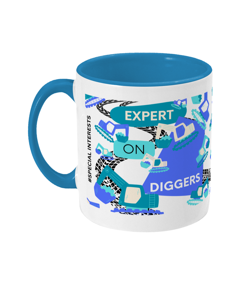 Expert On Diggers Two Tone Mug - Blue/Teal Design with No Background (Various Handle and Inner Colours Available)