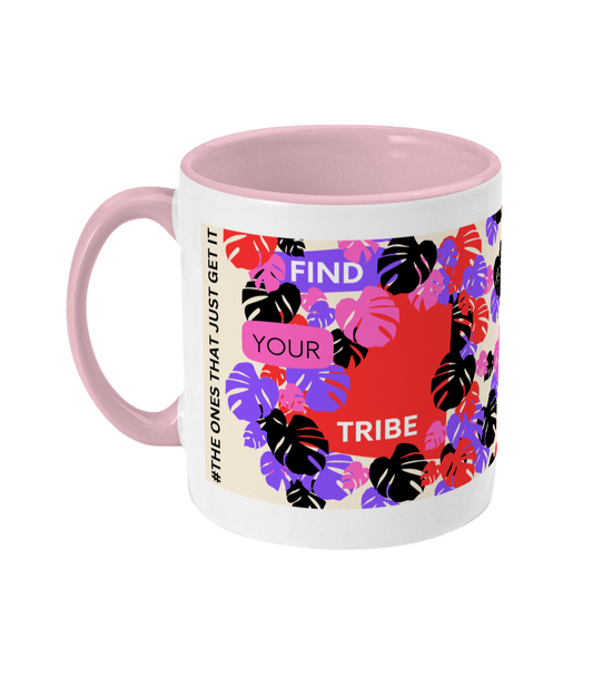 Find Your Tribe Two Tone Mug - Red/Purple Design with Pink Background