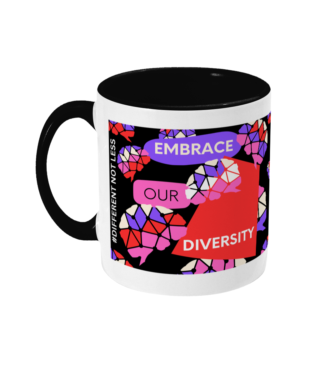 Embrace Our Diversity Two Tone Mug - Red/Purple Design with Black Background (Various Handle and Inner Colours Available)