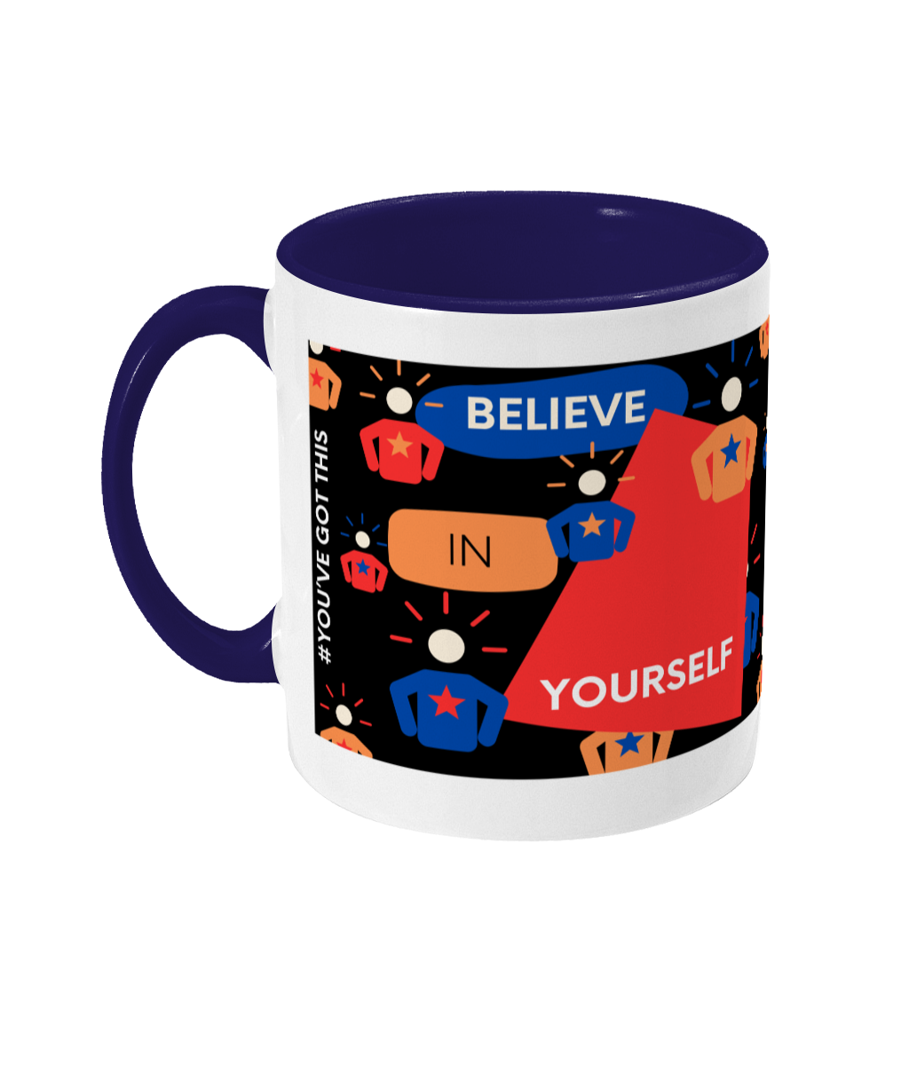 Believe In Yourself Two Tone Mug - Red/Blue Design with Black Background (Various Handle and Inner Colours Available)