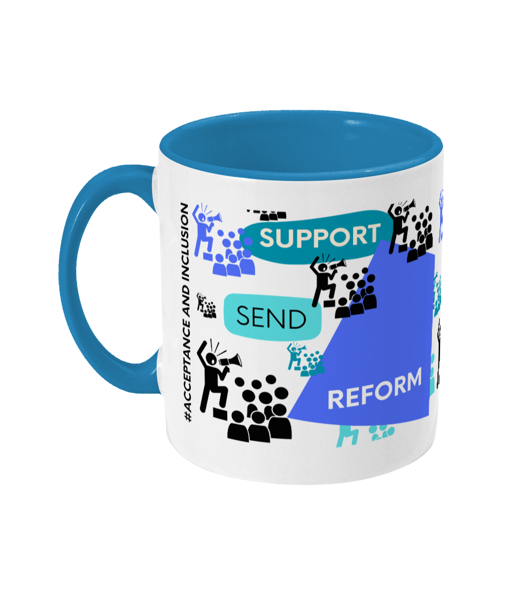 Support SEND Reform Two Tone Mug - Blue/Teal Design with No Background (Various Handle and Inner Colours Available)