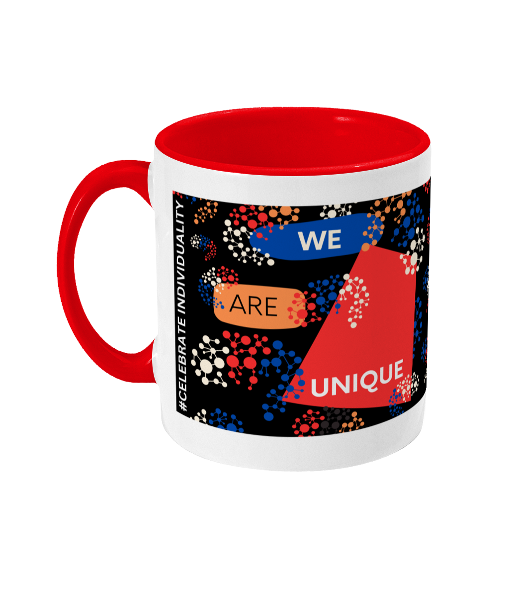 We Are Unique Two Tone Mug - Red/Blue Design with Black Background (Various Handle and Inner Colours Available)