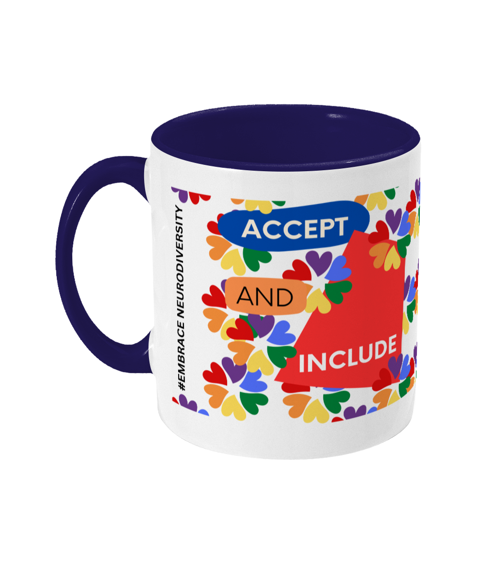 Accept And Include Two Tone Mug - Red/Blue Design with No Background (Various Handle and Inner Colours Available)