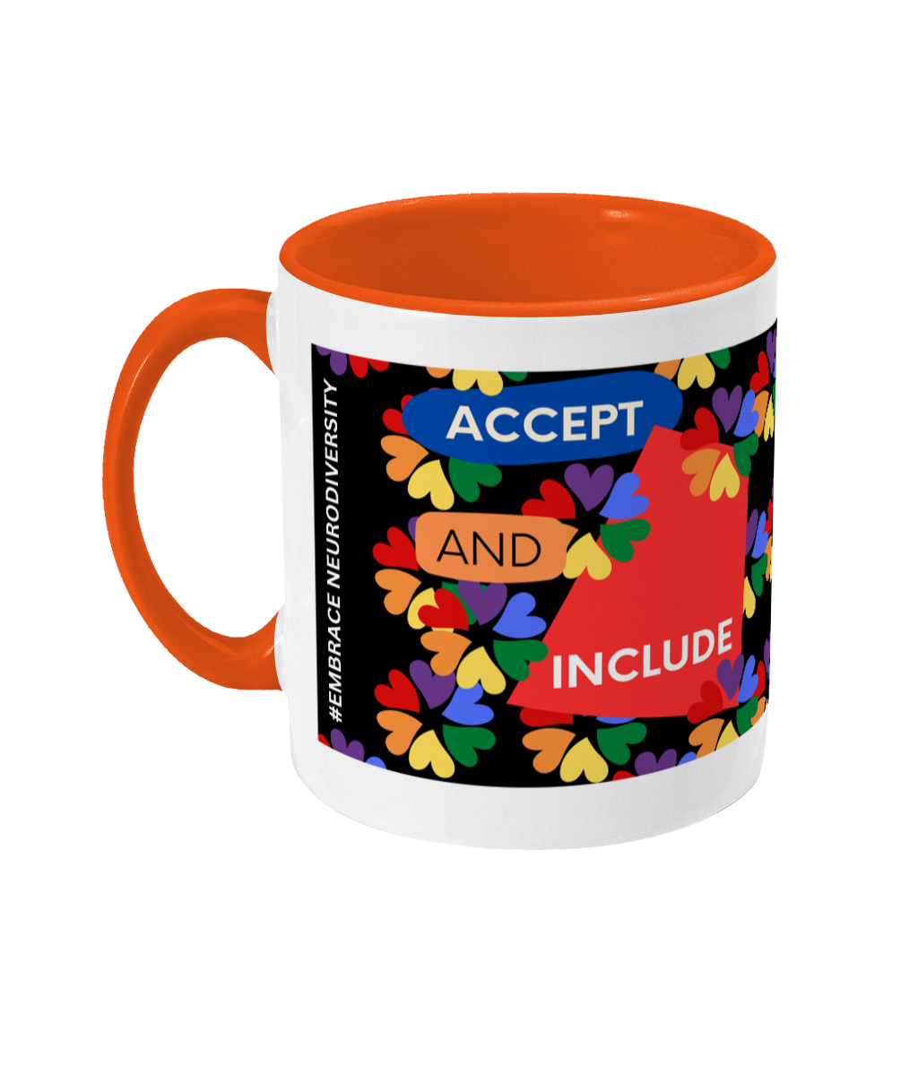 Accept And Include Two Tone Mug - Red/Blue Design with Black Background (Various Handle and Inner Colours Available)