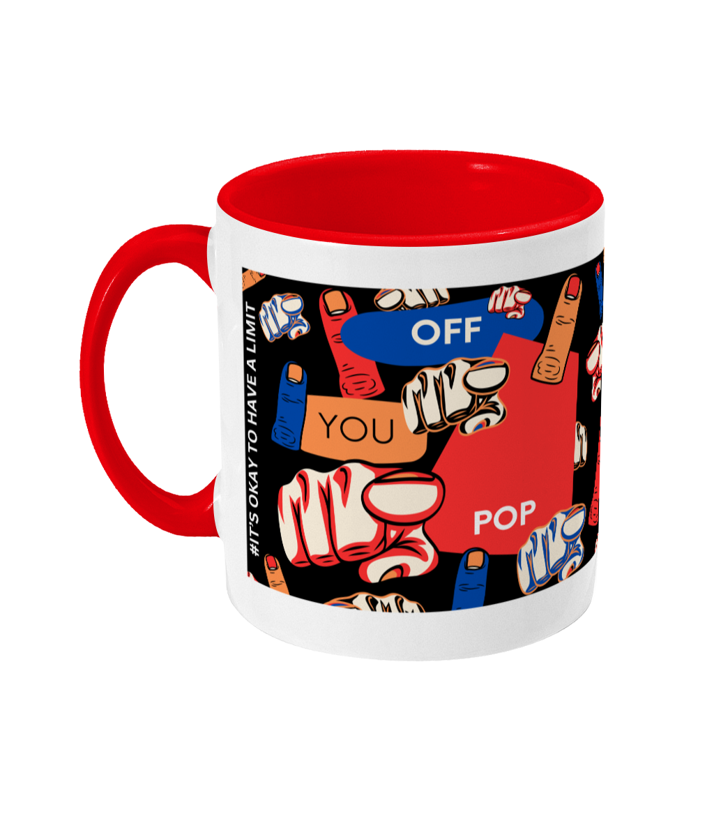 Off You Pop Two Tone Mug - Red/Blue Design with Black Background (Various Handle and Inner Colours Available)