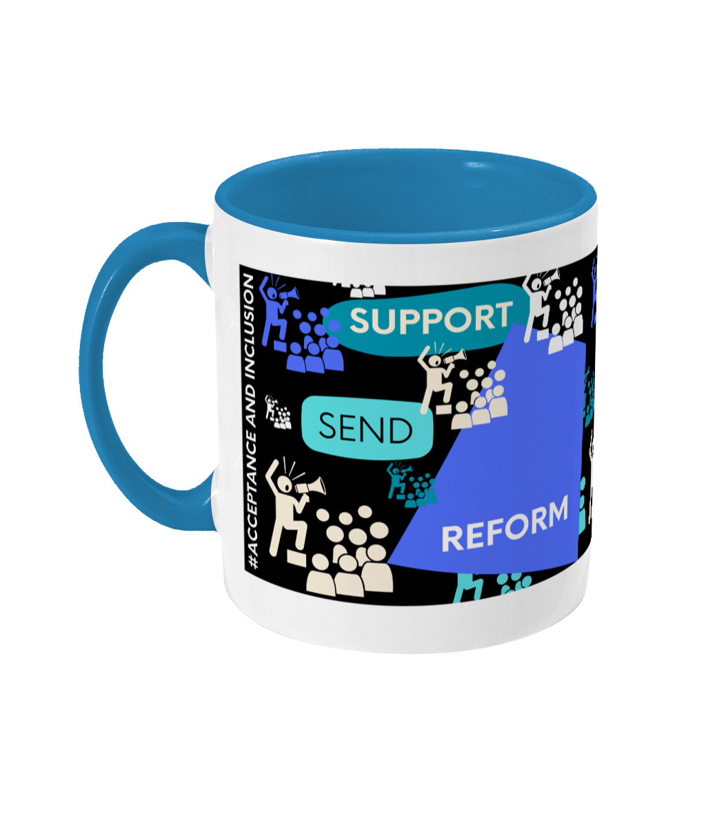 Support SEND Reform Two Tone Mug - Blue/Teal Design with Black Background (Various Handle and Inner Colours Available)