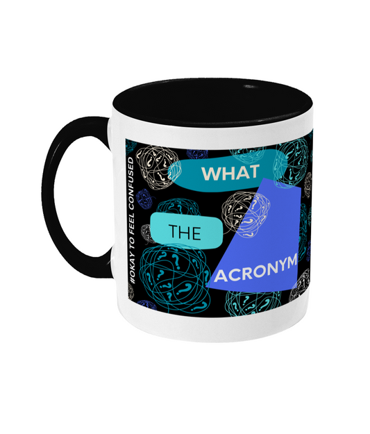 What The Acronym Two Tone Mug - Blue/Teal Design with Black Background (Various Handle and Inner Colours Available)