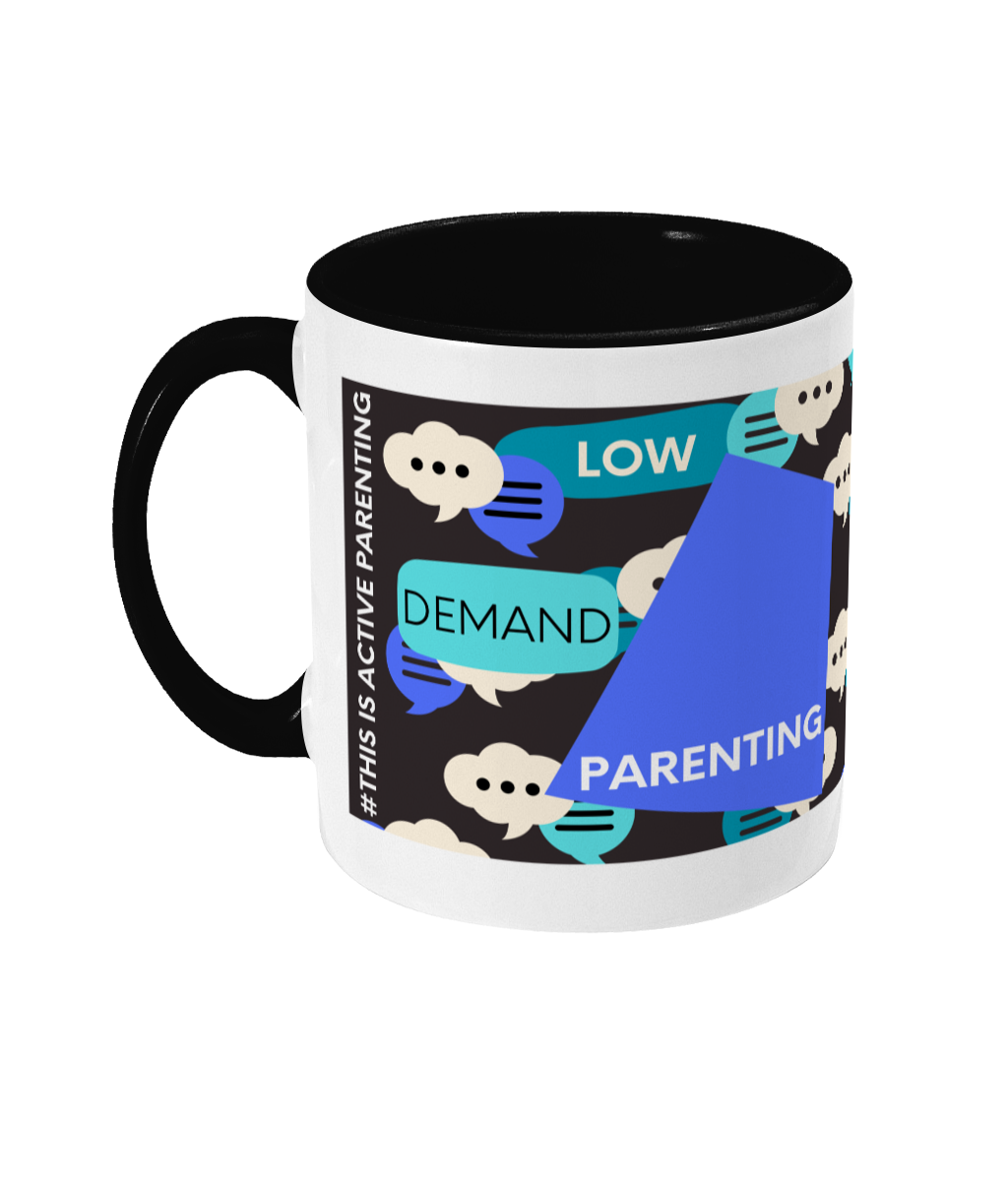 Low Demand Parenting Two Tone Mug - Blue/Teal Design with Black Background (Various Handle and Inner Colours Available)