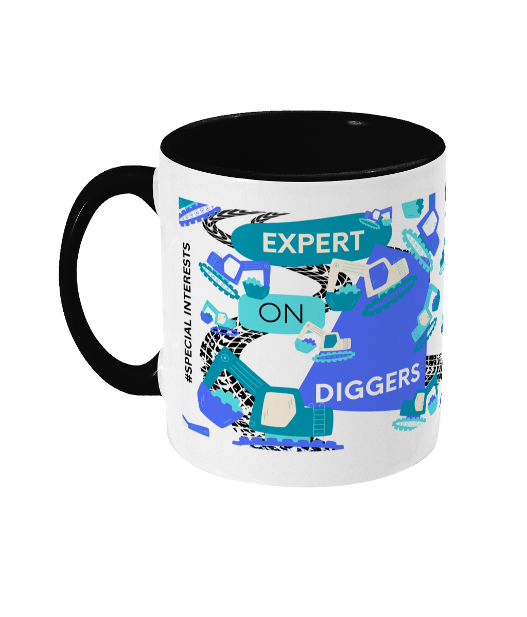 Expert On Diggers Two Tone Mug - Blue/Teal Design with No Background (Various Handle and Inner Colours Available)