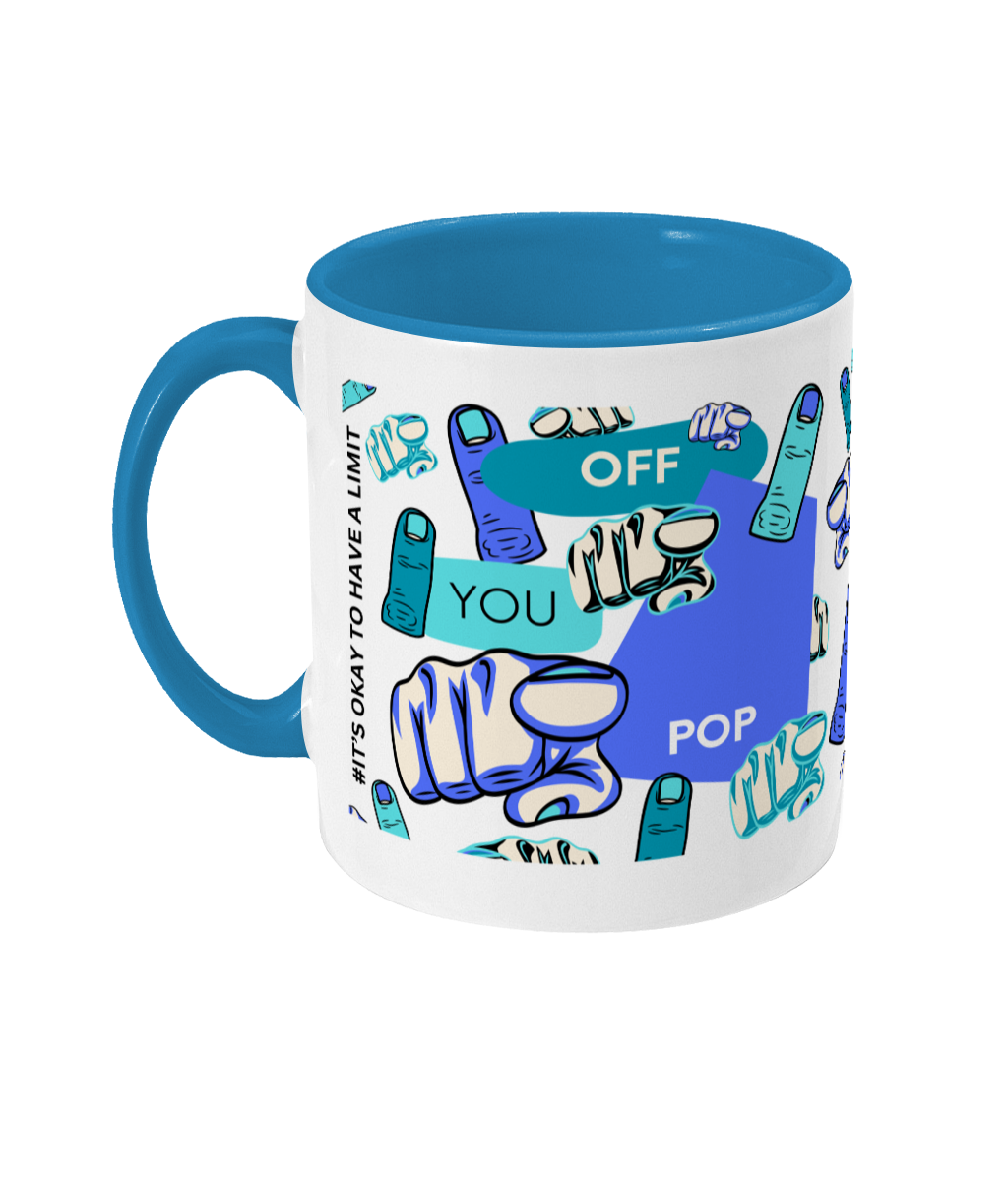 Off You Pop Two Tone Mug -Blue/Teal Design with No Background (Various Handle and Inner Colours Available)