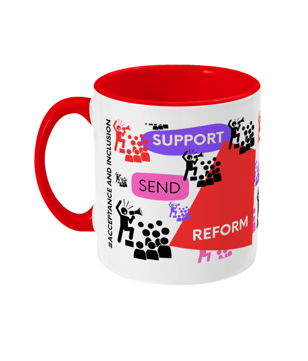 Support SEND Reform Two Tone Mug - Red/Purple Design with No Background (Various Handle and Inner Colours Available)