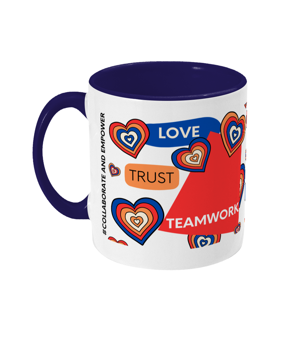 Love, Trust, Teamwork Two Tone Mug - Red/Blue Design with No Background (Various Handle and Inner Colours Available)