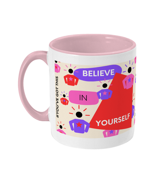 Believe In Yourself Two Tone Mug - Red/Purple Design with Pink Background