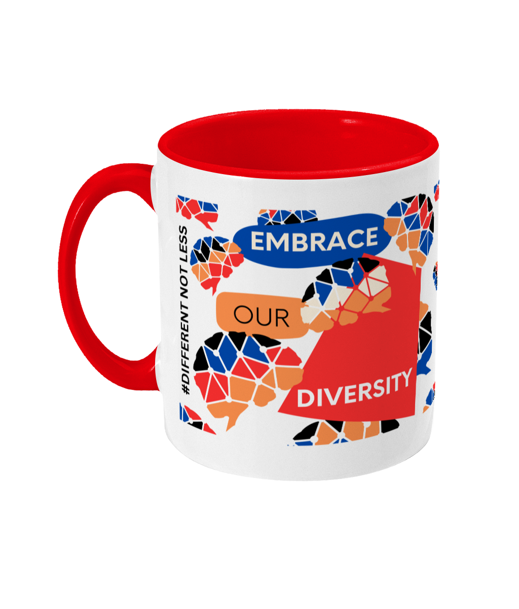 Embrace Our Diversity Two Tone Mug - Red/Blue Design with No Background (Various Handle and Inner Colours Available)