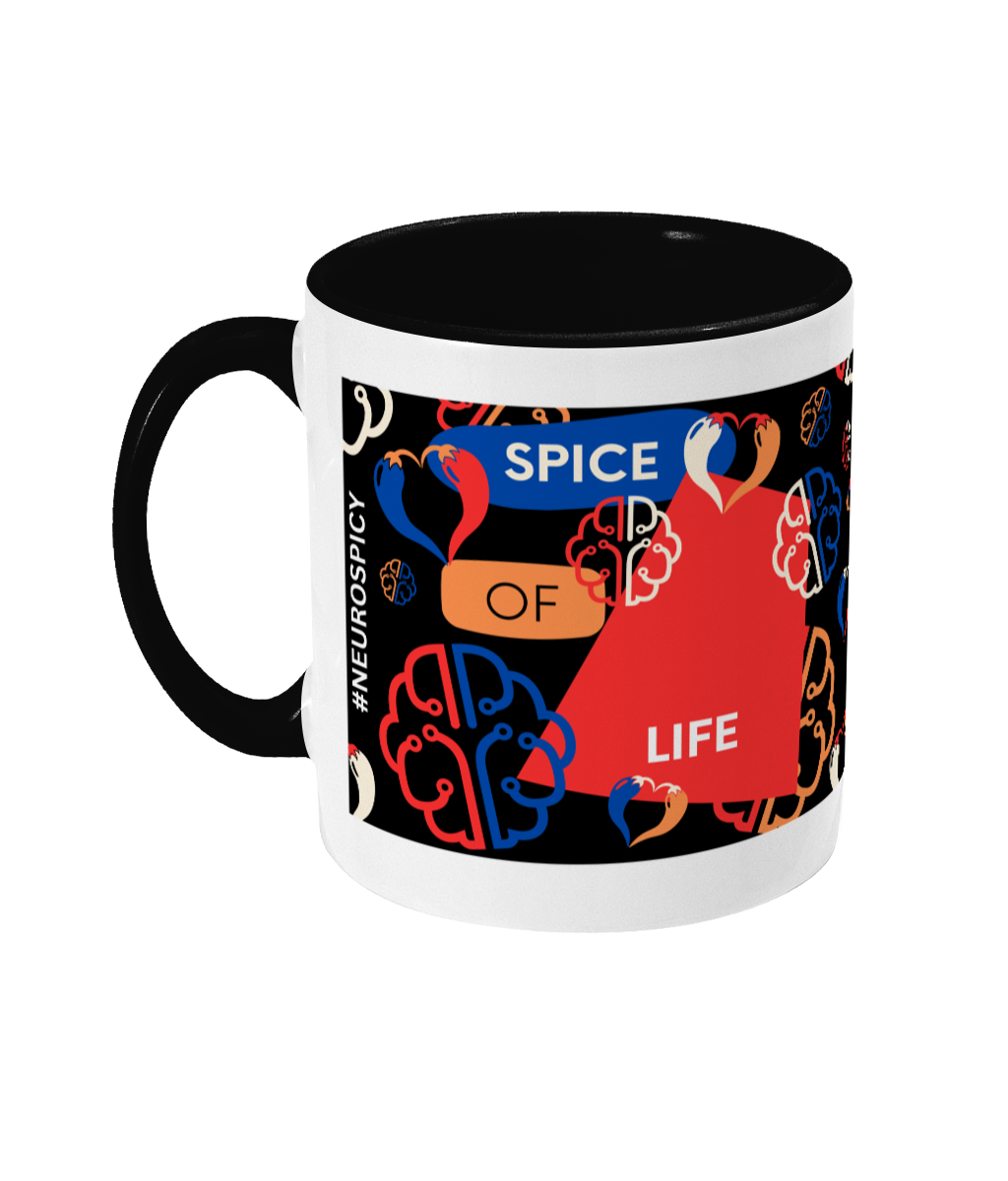 Spice Of Life Two Tone Mug - Red/Blue Design with Black Background (Various Handle and Inner Colours Available)