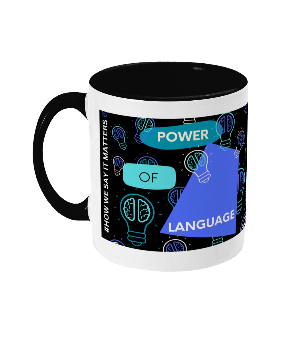 Power Of Language Two Tone Mug - Blue/Teal Design with Black Background (Various Handle and Inner Colours Available)