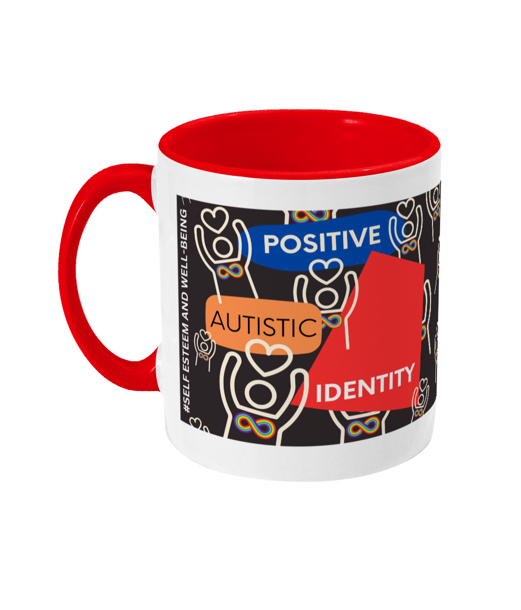 Positive Autistic Identity Two Tone Mug - Red/Blue Design with Black Background (Various Handle and Inner Colours Available)