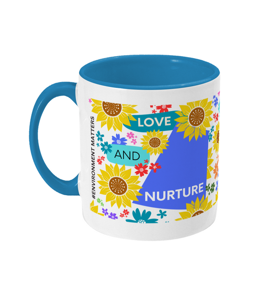 Love and Nurture Two Tone Mug - Blue/Teal Design with No Background