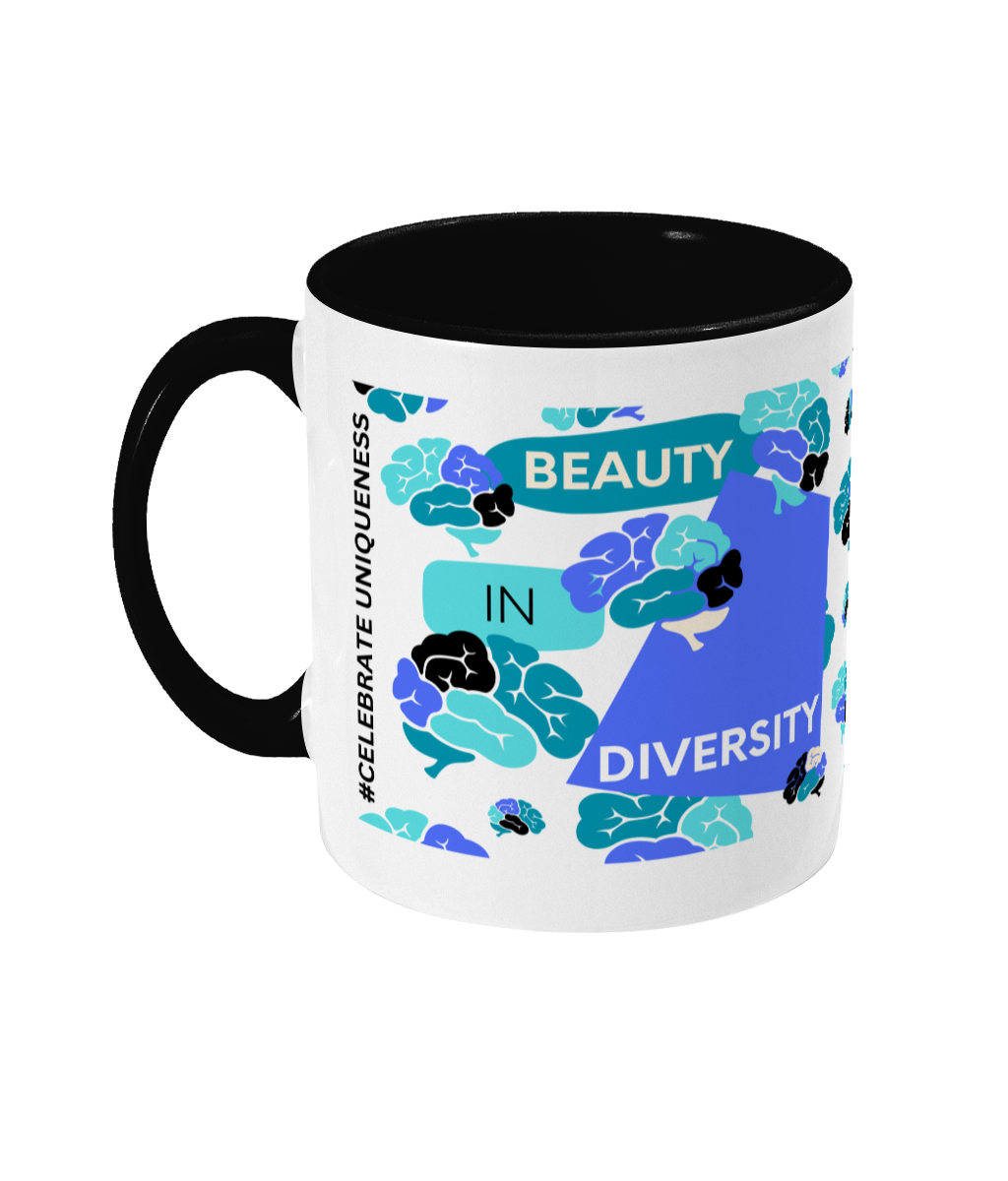 Beauty In Diversity Two Tone Mug - Blue/Teal Design with No Background (Various Handle and Inner Colours Available)