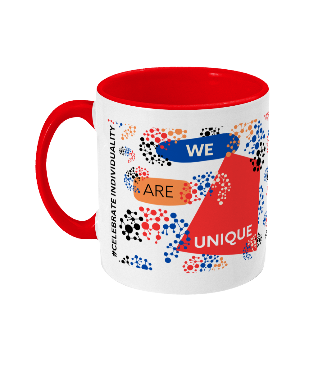 We Are Unique Two Tone Mug - Red/Blue Design with No Background (Various Handle and Inner Colours Available)