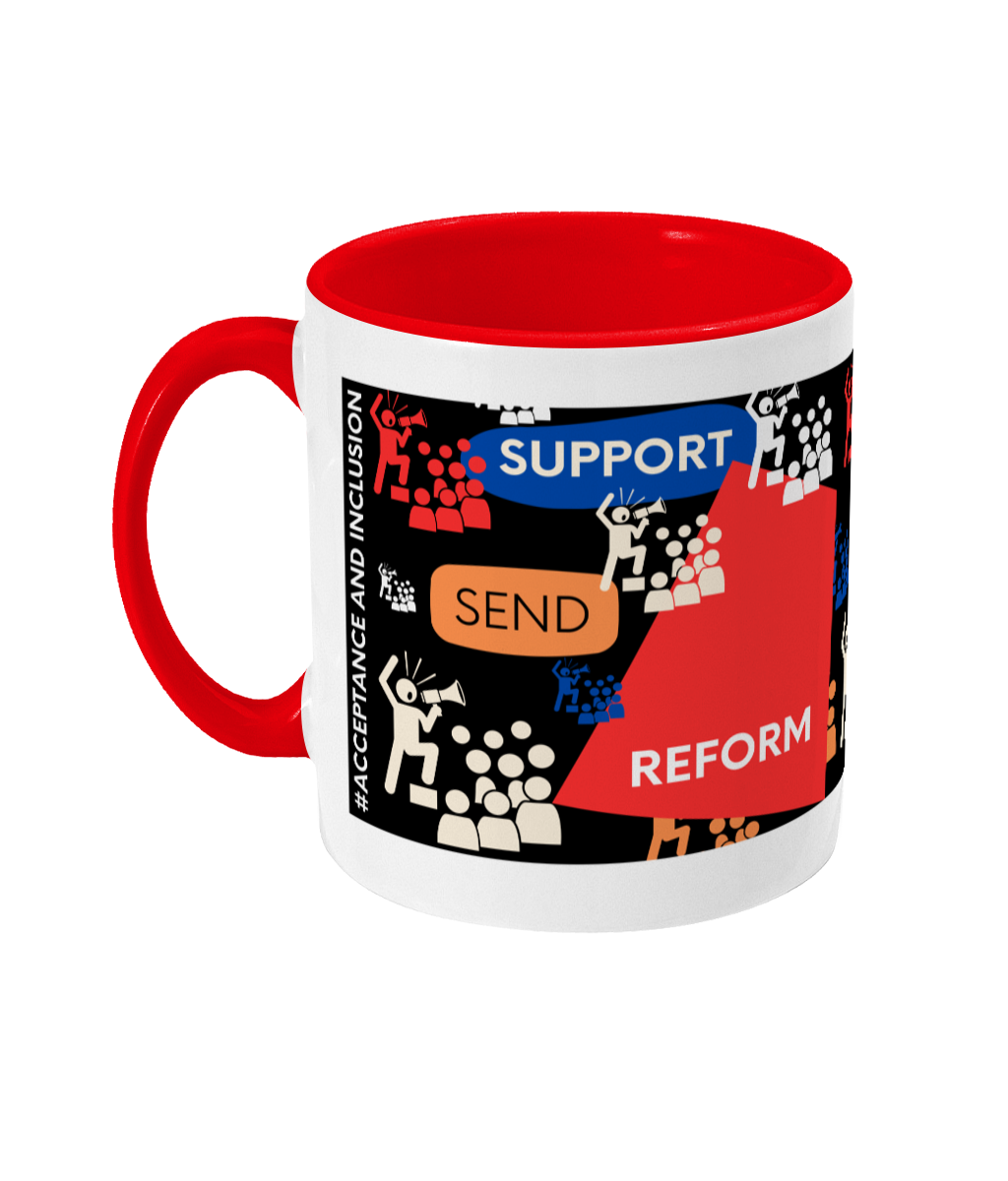 Support SEND Reform Two Tone Mug - Red/Blue Design with Black Background (Various Handle and Inner Colours Available)