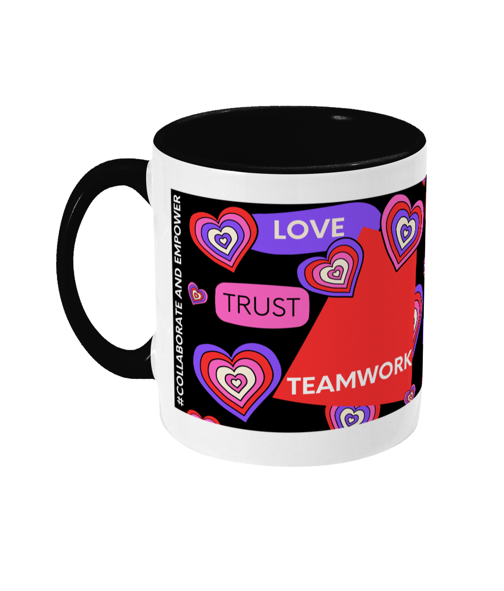 Love, Trust, Teamwork Two Tone Mug - Red/Purple Design with Black Background (Various Handle and Inner Colours Available)